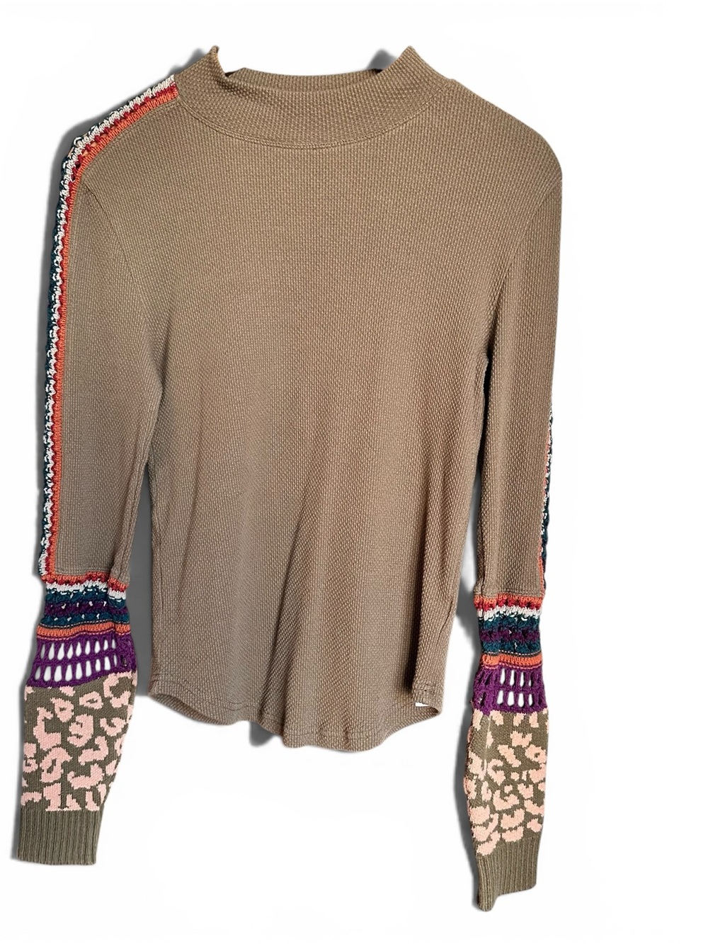 Free People Taupe Knit Top with Multicolor Printed & Embroidered Sleeves